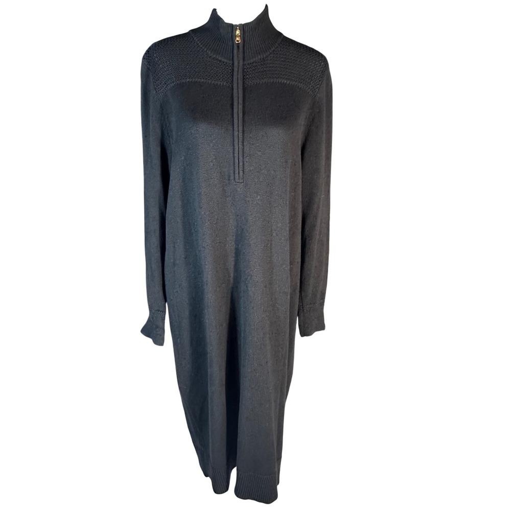 Lauren Ralph Lauren Sweater Dress Women 1X Black Quarter Zip Pointelle Mock Neck
